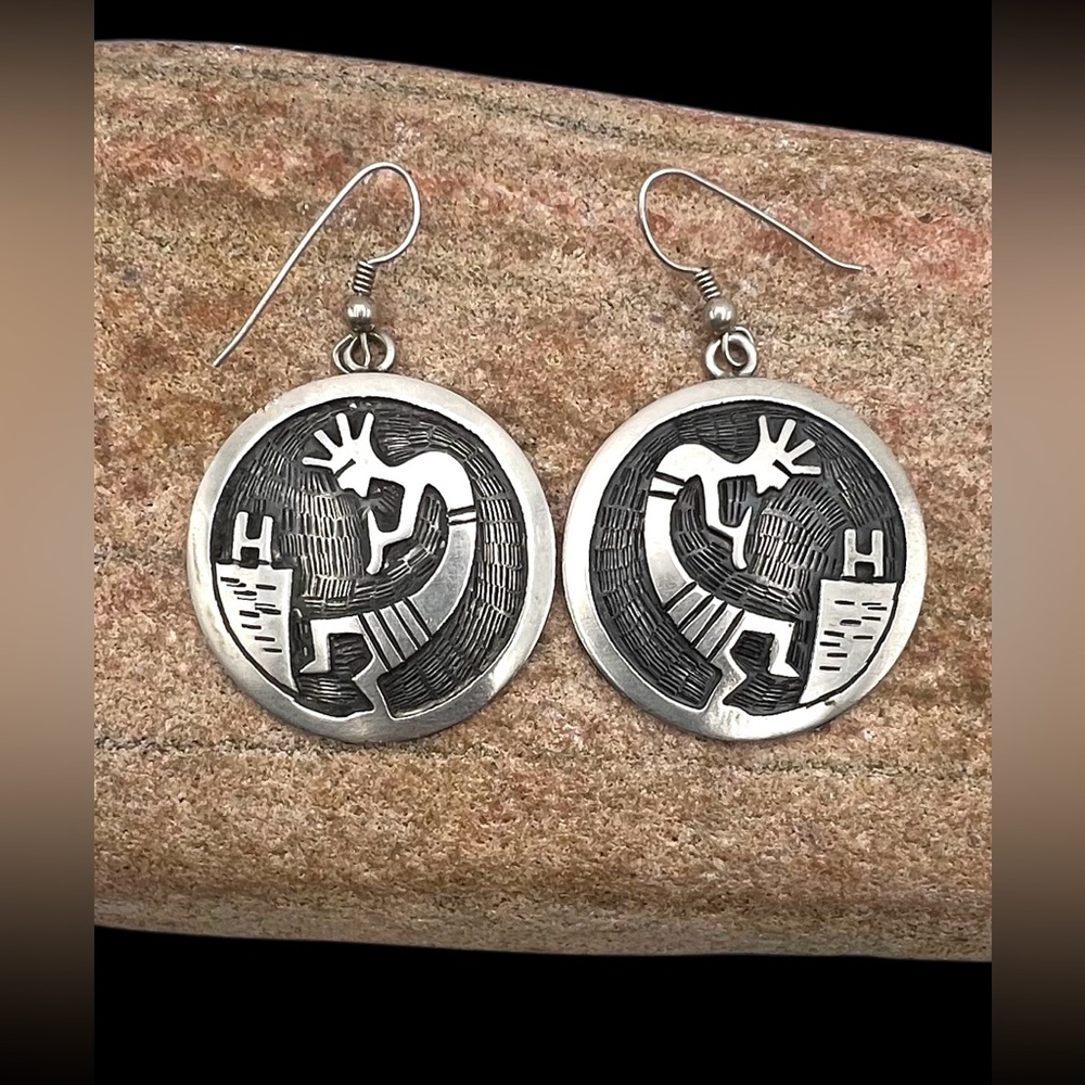 Signed Hopi Native American Handmade Sterling Silver Kokopelli Dangle Earrings